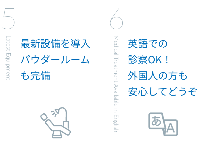 ５　最新設備を導入　パウダールームも完備 ６　英語での 診察OK！外国人の方も安心してどうぞ