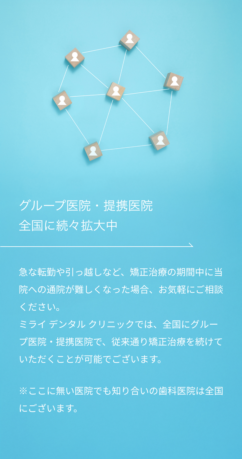 グループ医院・提携医院 全国に続々拡大中 急な転勤や引っ越しなど、矯正治療の期間中に当院への通院が難しくなった場合、お気軽にご相談ください。 ミライ デンタル クリニックでは、全国にグループ医院・提携医院で、従来通り矯正治療を続けていただくことが可能でございます。 ※ここに無い医院でも知り合いの歯科医院は全国にございます。