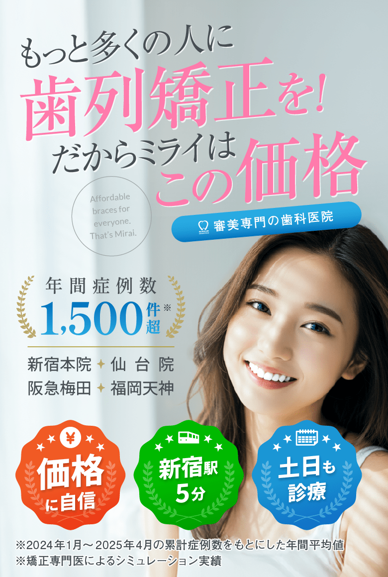 もっと多くの人に歯列矯正を！だからミライはこの価格 審美専門の歯科医院 価格に自信 新宿駅５分 土日も診療 年間症例数1500件超 ※2024年1月〜2025年4月の累計症例数をもとにした年間平均値 ※矯正専門医によるシミュレーション数
