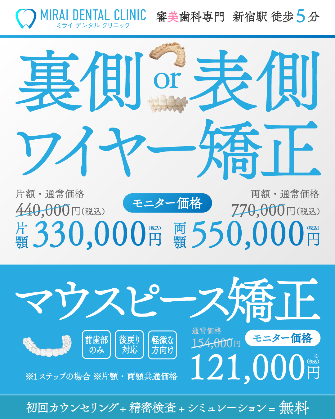 従来のワイヤー矯正価格と新価格マウスピース矯正の比較